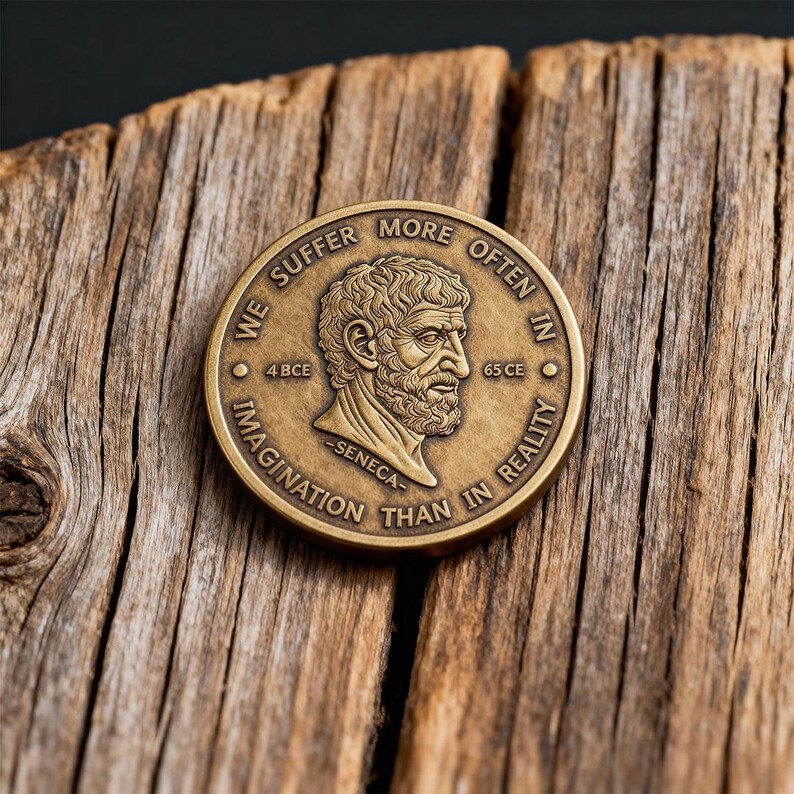 May include: A circular bronze-toned coin featuring a relief portrait of Seneca in the center. The text reads WE SUFFER MORE OFTEN IN IMAGINATION THAN IN REALITY, 4 BCE, 65 CE, and -SENECA-. The coin has a raised border and a metallic finish.