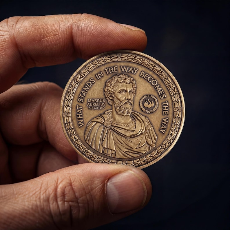 May include: A circular bronze-toned commemorative coin featuring a relief portrait of Marcus Aurelius. The text reads: WHAT STANDS IN THE WAY BECOMES THE WAY, MARCUS AURELIUS AD 121-180, and STOIC. A laurel wreath border encircles the central design.