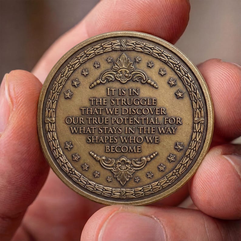 May include: A round bronze-toned metal coin featuring an embossed border of laurel leaves and stars. The center displays the text: IT IS IN THE STRUGGLE THAT WE DISCOVER OUR TRUE POTENTIAL, FOR WHAT STAYS IN THE WAY SHAPES WHO WE BECOME, with scrollwork.