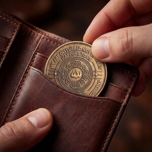 May include: A round bronze-toned metal coin featuring a central flame emblem surrounded by a circular pattern and the engraved text WE ARE DISTURBED NOT BY WHAT HAPPENS TO US BUT BY OUR THOUGHTS ABOUT WHAT HAPPENS, tucked into a brown leather wallet.