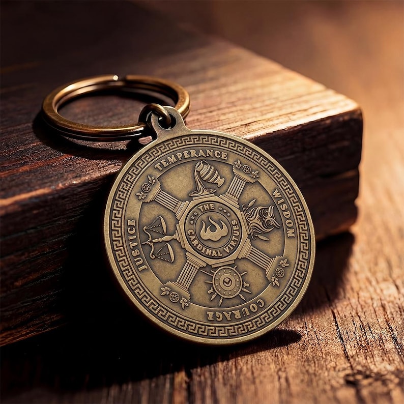 Stoic Virtues Keychain Antique Bronze, Wisdom Courage Justice Key Tag, Philosophy Gift image 3