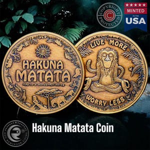 ハクナ マタタ コイン | EDC ディズニー コイン | 心配コイン | 瞑想 ヨガ マインドセット ユニーク ギフトに最適 | 毎日持ち歩けるブロンズ チャレンジ コイン