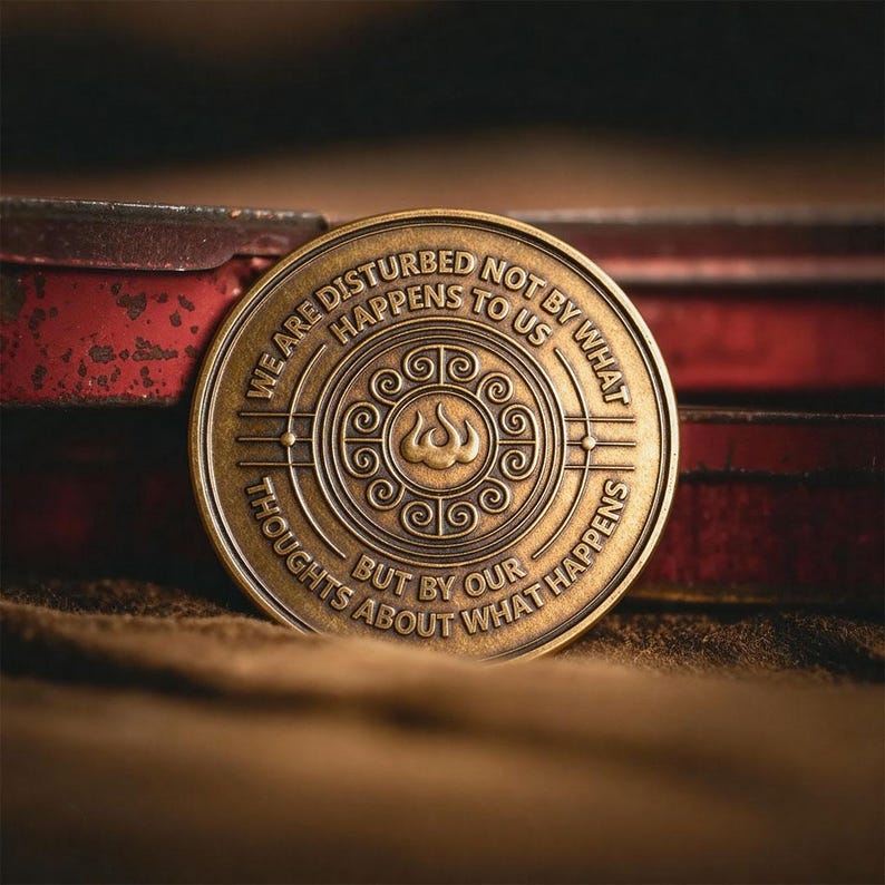 May include: A circular bronze-toned metal coin featuring an embossed flame symbol at the center surrounded by a spiral pattern. The text reads: WE ARE DISTURBED NOT BY WHAT HAPPENS TO US BUT BY OUR THOUGHTS ABOUT WHAT HAPPENS in raised lettering.