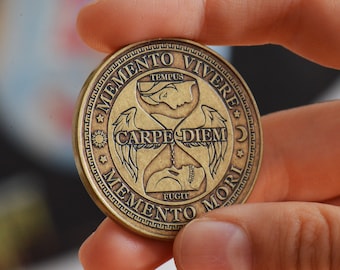 Carpe Diem Coin | Daily Stoic Coin | Memento Mori Bronze Challenge Coin | Motivation Men Husband Friend Gift |Tempus Fugit EDC Reminder Coin