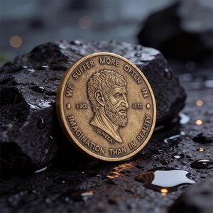 May include: A round bronze-toned commemorative coin featuring a relief portrait of Seneca in profile. The text reads WE SUFFER MORE OFTEN IN IMAGINATION THAN IN REALITY, 4 BCE, 65 CE, and -SENECA-. The coin has a metallic finish and raised lettering.