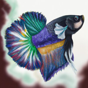 May include: A colorful betta fish with a long, flowing tail. The fish is painted in shades of blue, green, purple, yellow, and red. The fish's body is black with white markings.