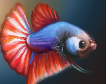 Betta PNG - Realism Painting Blue and Red Pastel Betta - DIGITAL DOWNLOAD - Gift for Friend - Aquarium Fish Lover