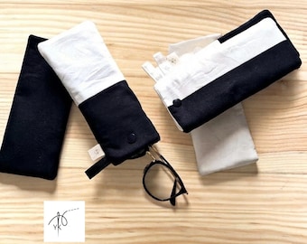Soft Cotton Glasses Case with Snap Closure, Handmade Black and White Sunglasses Pouch, Simple Modern Eyeglass Sleeve & Travel Gift