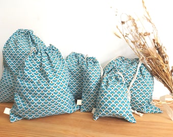 Reusable Gift bag, Sac a pochon,Handmade cotton drawstring bag, Japanese fan pouch, Favor bag, present wrap OEKO-TEX  bag,cotton string bag