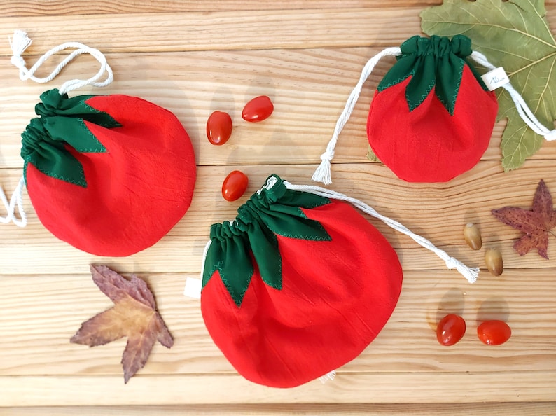 Tomato pouch, Cute cotton pouch, Vegetable pouch, Tomato bag, Cotton tomato pouch, Cotton fabric drawstring bag, Unique gift bag, cute bag image 3