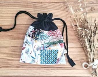 Patchwork bag drawstring bag - boho pouch, pochon, Handmade pouch cotton fabric gift pouch, upcycled pouch, one off pouch, cotton patchwork