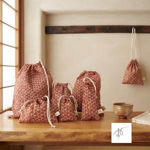 Sacos de algodão japoneses hexagonais vermelhos com cordão, embalagem de presente reutilizável, cor vinho, sacolas de presente de tecido feitas à mão.