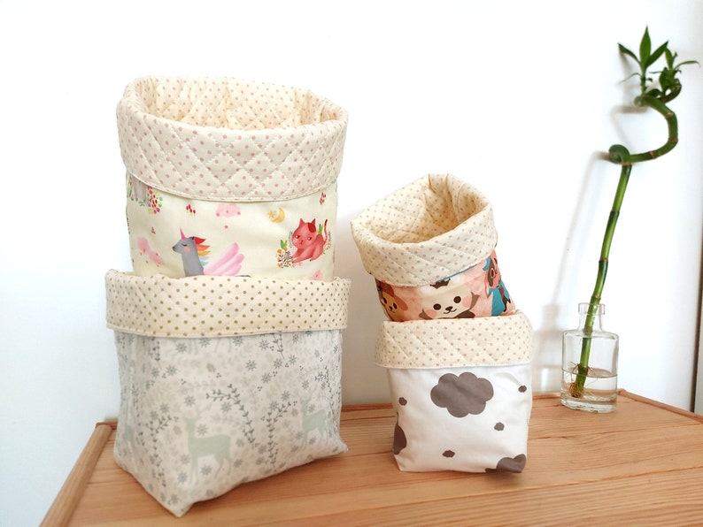 Children's room decorative basket Baby room decoration storage store / handmade cotton baskets animal print clouds unicorn baby girl gift image 1