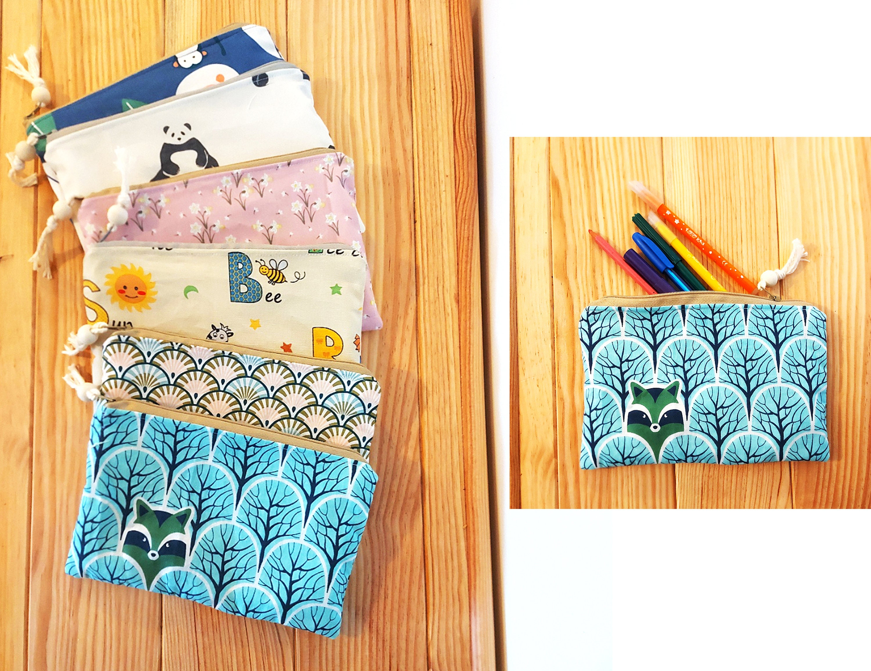 Étui à Crayons Fait Main Grande Pochette en Coton Pour Enfants ou Adulte/Animal Thème Panda Raton La