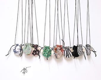Crystal Necklace Pouch, Handmade Amulet Bag Necklace, Cotton Charm Holder, Crystal Carrier, Medicine Pouch Necklace, Lucky Charm Bag