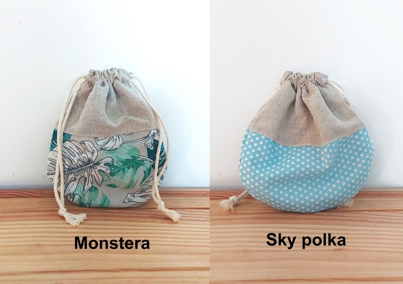 Sac pochon/pochette ronde moyenne faite main lin coton tissu cordon floral moderne cadeau sacs rangement écouteurs bijoux sac cadeau pochon image 2