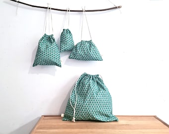 Green Gift Bags: Reusable Favor Pouches, Handmade Cotton Drawstring bags in many sizes and shapes, reusable gift wrap, bulk bags fruit pouch