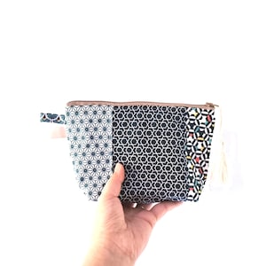 Bolsa de maquillaje mediana de algodón con cremallera, hecha a mano con patchwork