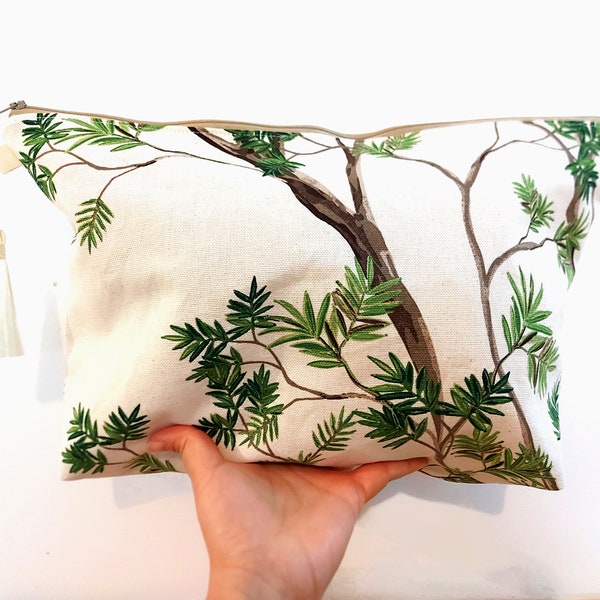 Grande pochette zippée, pochette arbre, grande pochette en coton, pochette géante arbre, grande trousse de toilette, grande pochette à cosmétiques, grande pochette à langer, grande pochette à langer