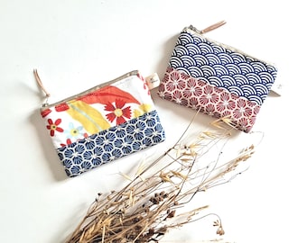 Japanese Wave Coin Purse: Padded Cotton Credit Card Holder, Handmade in France, small purse, YK