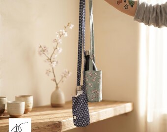 Crossbody Water Bottle Carrier, Handmade Cotton Drink Holder, Reusable Travel Bottle Bag for Hiking, Eco-Friendly Gift for Adults & Kids