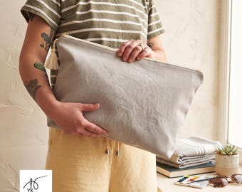 Large Canvas Grey Toiletry Bag, XXL Makeup Pouch, Handmade Cosmetic Bag, Travel Organizer, Hair Dryer Storage Bag, Oversized Toiletries Case