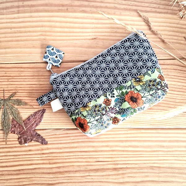 Small cosmetic bag, zipper pouch make up bag, Pochette maquillage, padded pouch, Japanese print fabric bag made in France, handmade pouch