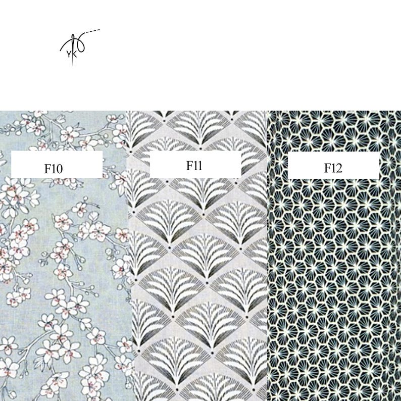 May include: Three fabric swatches with different patterns. The first is a light blue background with white floral branches. The second is a gray background with a fan-like design. The third is a dark green background with a white geometric pattern. Each swatch has a white label with a code.