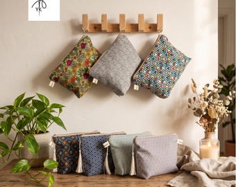 Handmade Fabric Cosmetic Bag with Zipper, Medium Floral & Japanese Floral Makeup Pouch, Modern Travel Toiletry Bag and Zippered Organizer