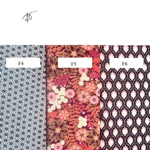 May include: Three fabric swatches with different patterns. The first is a white and navy blue geometric design, the second is a floral pattern with pink and gold accents, and the third is a black and white scallop design. Each swatch has a white label with a letter and number.