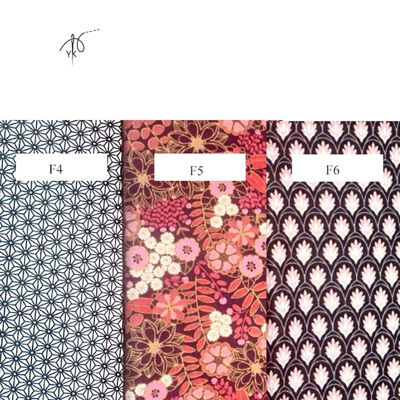 May include: Three fabric swatches with different patterns. The first is a white and navy blue geometric design, the second is a floral pattern with pink and gold accents, and the third is a black and white scallop design. Each swatch has a white label with a letter and number.