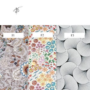 May include: Three fabric swatches labeled F1, F2, and F3. F1 features a light gray background with brown, blue, and white floral patterns. F2 displays a white background with colorful flowers, flamingos, fish, and shells. F3 shows a black and white fan pattern.