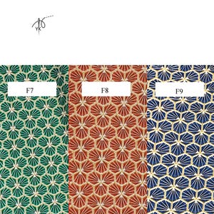 May include: Three fabric swatches with geometric patterns. The swatches are green, red, and blue, each with a honeycomb design. The swatches are labeled F7, F8, and F9. A small logo of a needle and thread is in the top left corner.