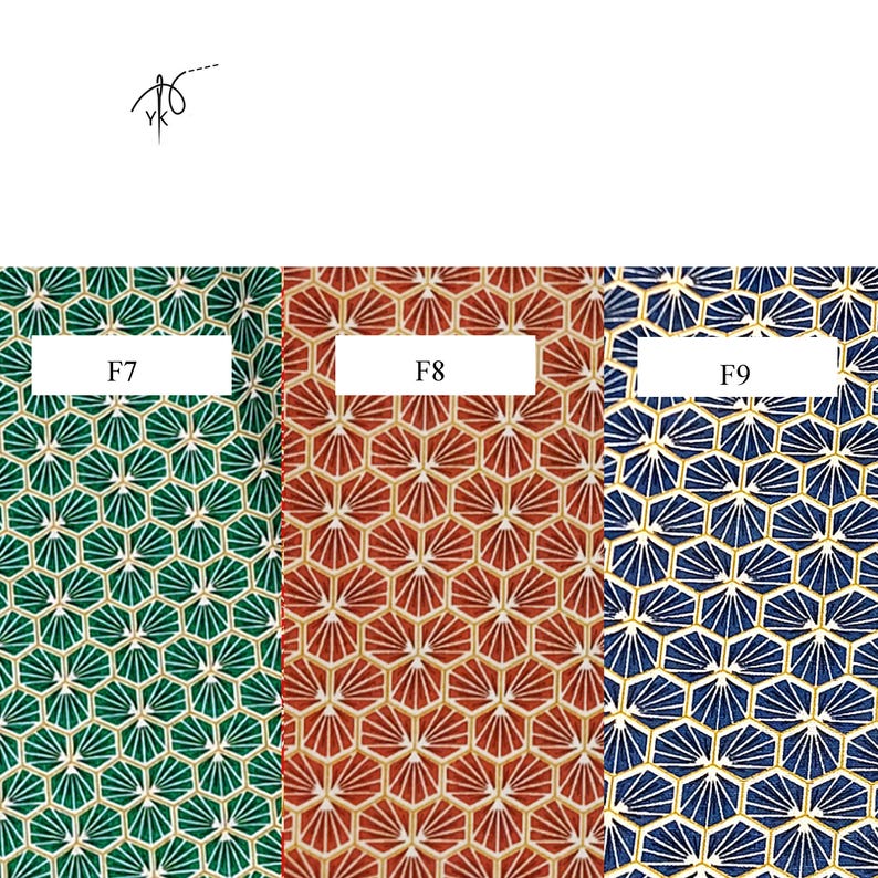 May include: Three fabric swatches with geometric patterns. The swatches are green, red, and blue, each with a honeycomb design. The swatches are labeled F7, F8, and F9. A small logo of a needle and thread is in the top left corner.