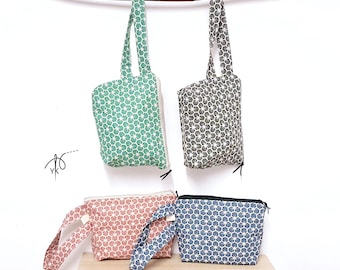 Handmade Cotton Cosmetic Bag with Handle, Geometric Print Makeup Pouch, Small Travel Toiletry Bag