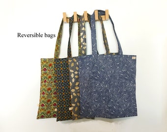 Handmade Reversible Cotton Tote Bag: Japanese Wave & Ginkgo Print