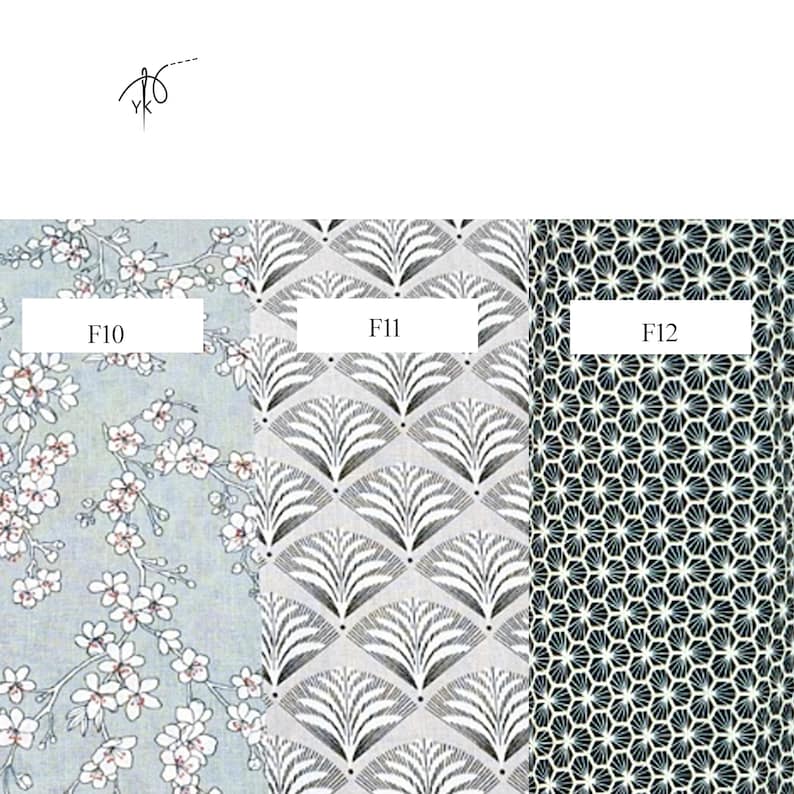 May include: Three fabric swatches with different patterns. The first swatch, labeled F10, features a light blue background with white floral branches. The second swatch, labeled F11, has a gray fan-like pattern. The third swatch, labeled F12, has a black and white geometric design.
