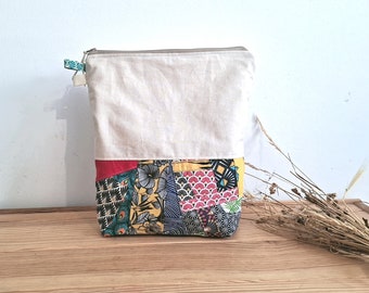 Sac à Couches, cotton patchwork bag, Handmade Baby nappy pouch, fits wipes and diapers water resistant, diaper bag, big zipper toiletry bag
