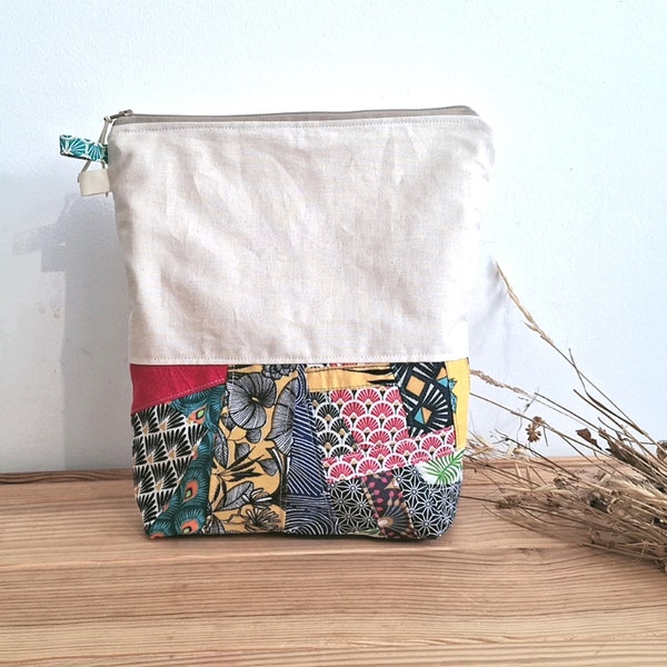 Sac à Couches, cotton patchwork bag, Handmade Baby nappy pouch, fits wipes and diapers water resistant, diaper bag, big zipper toiletry bag