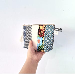 Handmade Patchwork Cosmetic Bag: Padded Cotton Zipper Pouch, unique makeup pouch, patchwork cosmetic bag in geometric and floral prints