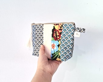 Trousse à cosmétiques en patchwork fait main : pochette en coton rembourrée à fermeture éclair