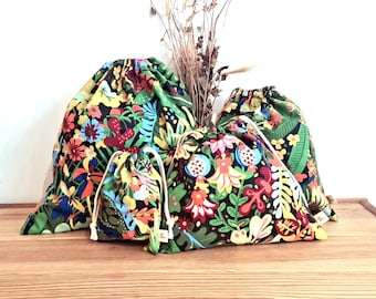 Floral drawstring bag, floral gift bag, wild flower bag, cotton gift bags, cotton favor bags, bulk bag, laundry bag, cotton food bag, Pochon