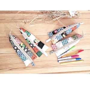 Pencil case, long pouch, patchwork zip pouch, triangle pencil case, cotton pencil case, fabric pencil pouch, Adult pencil case, student gift