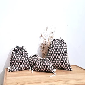 Black Floral Drawstring Bags: Handmade Reusable Cotton Gift Pouches, jewelry bag, birthday gift bag, Christmas gift bags, cotton gift wrap