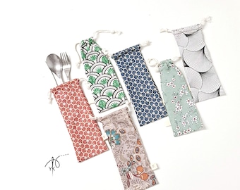 Cotton Drawstring Cutlery Pouch for Picnic | Handmade Utensil Holder Bag for Travel