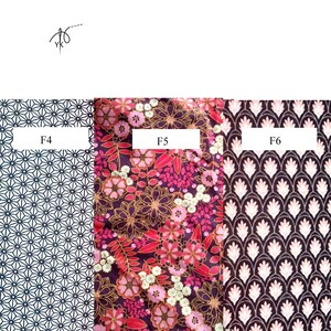May include: Three fabric swatches with different patterns. The first is a navy blue and white geometric design labeled "F4". The second is a floral pattern with pink, gold, and red flowers labeled "F5". The third is a black and white art deco design labeled "F6".