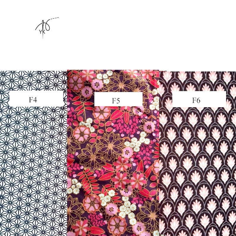 May include: Three fabric swatches with different patterns. The first is a navy blue and white geometric design labeled "F4". The second is a floral pattern with pink, gold, and red flowers labeled "F5". The third is a black and white art deco design labeled "F6".