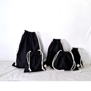 Simple Black Drawstring bag: Handmade Reusable birthday Gift bag, Cotton bags, Storage Bag, black pouches, gift wrap, bulk bag, project bag
