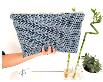 Handmade XL Zipper Pouch, Large Travel Cosmetic & Toiletry Bag, Waterproof, Navy Geometric Print, Project Bag, Hospital Bag
