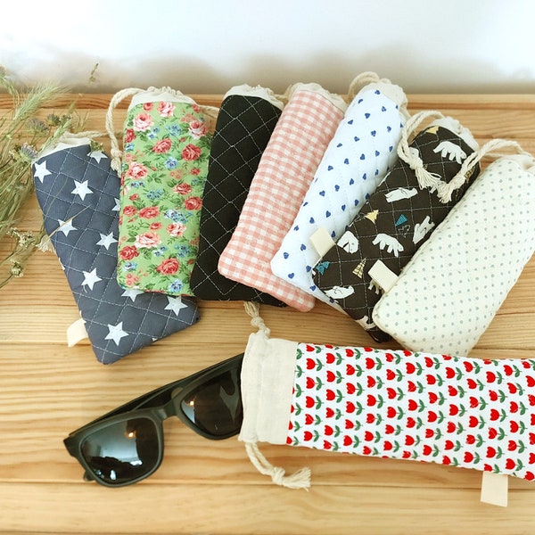 Sun glasses case, padded sun Glasses pouch, soft sun glasses sleeve, padded drawstring glasses sleeve, cotton cutlery holder,  straw pocket